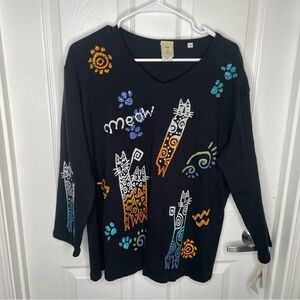 Jess and Jane Cat Novelty Print Quirky Art to Wear Rhinestone Meow Blouse USA 1X